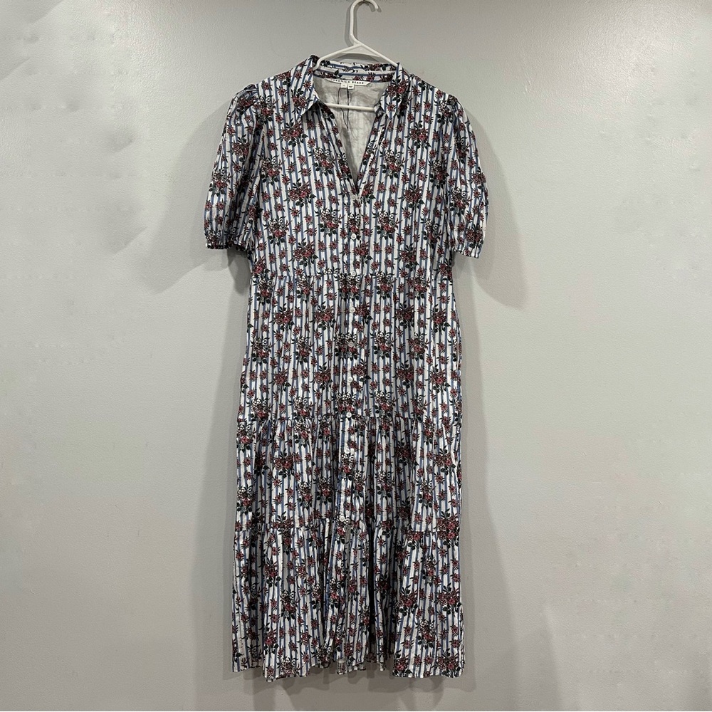 Veronica Beard White Midi Dress with Red Floral Stripe
